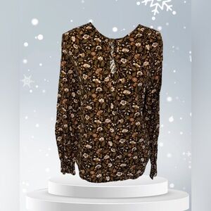 KNOX ROSE Black Print Smocked Long Sleeve Tie Neck BOHO Hippie Blouse - XL